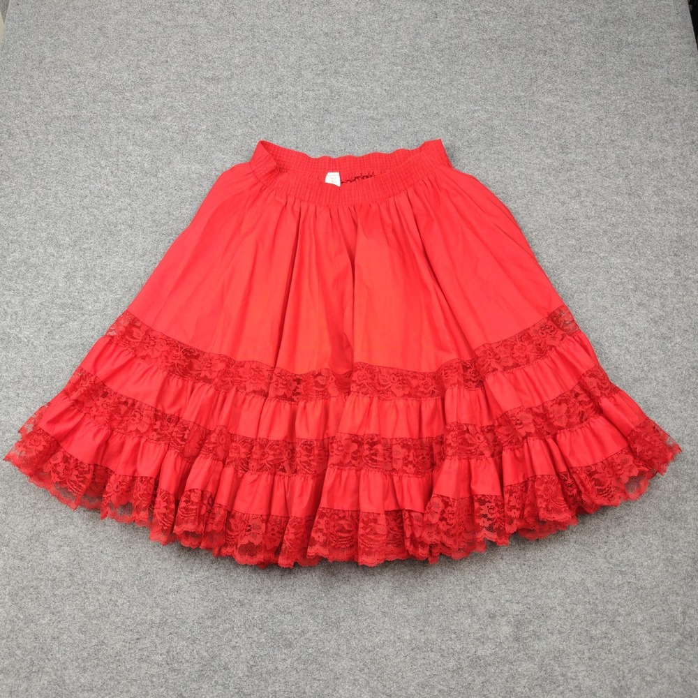 Vintage Malco Modes Skirt Womens Medium Red Square Dance Lace Pettiskirt Ruffle
